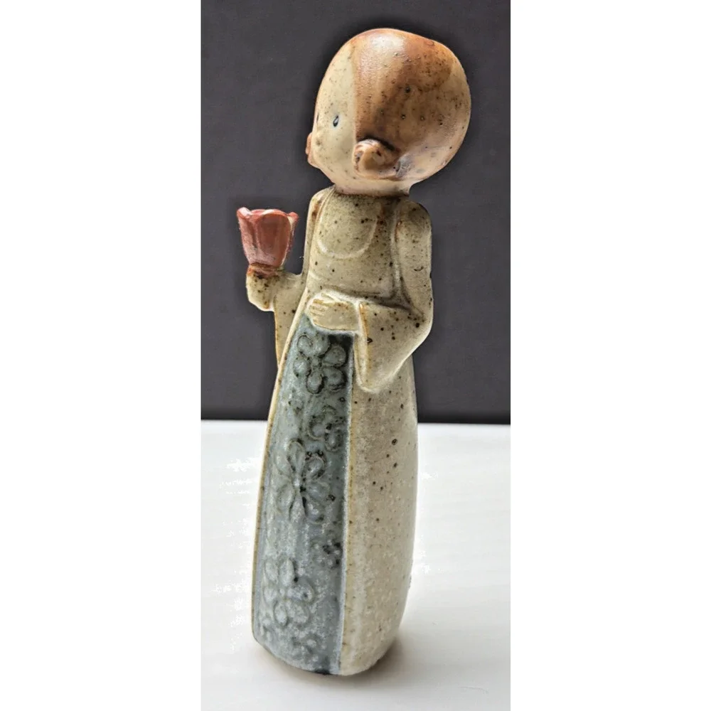 Vtg Uctci Pottery Stoneware Figurine Candle Holder Woman Girl Red Bell Flower